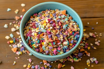 A close-up of a light blue bowl filled with colorful cereal, surrounded by sweet flakes falling and scattering on the soft blue surface