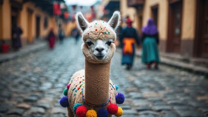 Cute baby alpaca in Cusco's main square during summer celebration