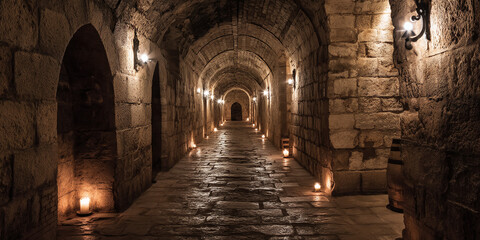 Fototapeta premium Long medieval castle corridor with arches lit by candles, evokes mystery. Dark dungeon tunnel interior, stone walls, fantasy background, endless ancient catacombs