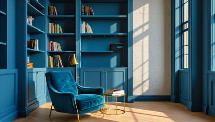 Modern interior design architecture photography: A cozy reading nook showcases a teal velvet armchair, a brass side table, and a built-in bookshelf filled with books and decorative objects, bathed i