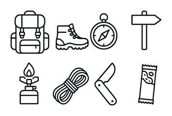 Outdoor adventure icon set: linear style with hiking, compass, boot, and gear symbols