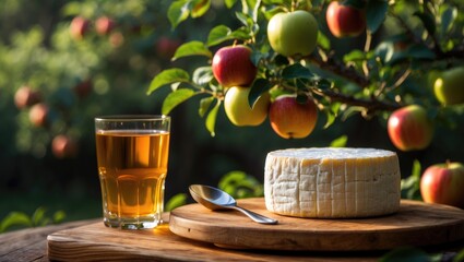 Apple cider and camembert cheese served amidst an orchard scene with green apple trees and ripe red fruits in Normandy, France