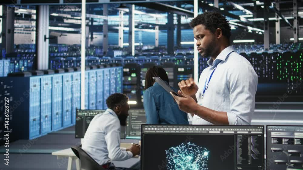 Poster data center engineer using tablet to interpret ai generated data analytics graphs. server room worke