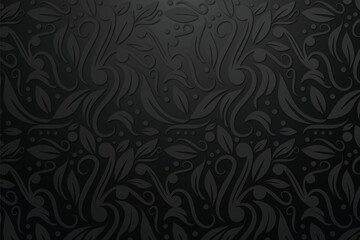 Embossed black floral elegance swirling vines  leaves create depth in a subtle monochromatic pattern