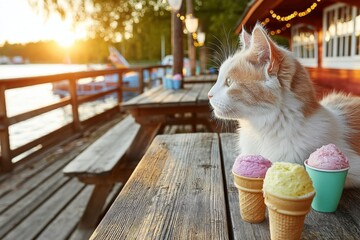 Cat enjoys sunset view with ice cream cones at lakeside cafe during warm summer evening