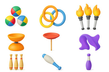Juggling equipment 3d icons set – colorful performance and circus tools for skill and entertainment: juggling balls, rings, torches, diabolo, plate, clubs, scarf, pin