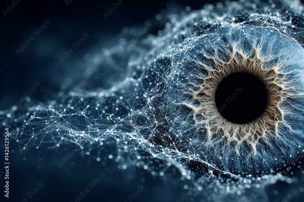 Poster Intricate design of an eye surrounded by glowing data patterns against a dark background