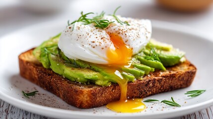 Single slice of avocado toast topped with poached egg presented on white plate for healthy breakfast