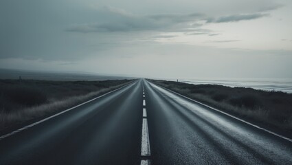 Naklejka premium Black road heading straight with the sea flanking both sides