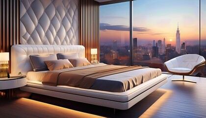 Luxurious White Leather Bed in Modern City View Bedroom Elegant Sophisticated Interior Design Masterpiece Showcasing a Panorama of Urban Skyline at Dusk