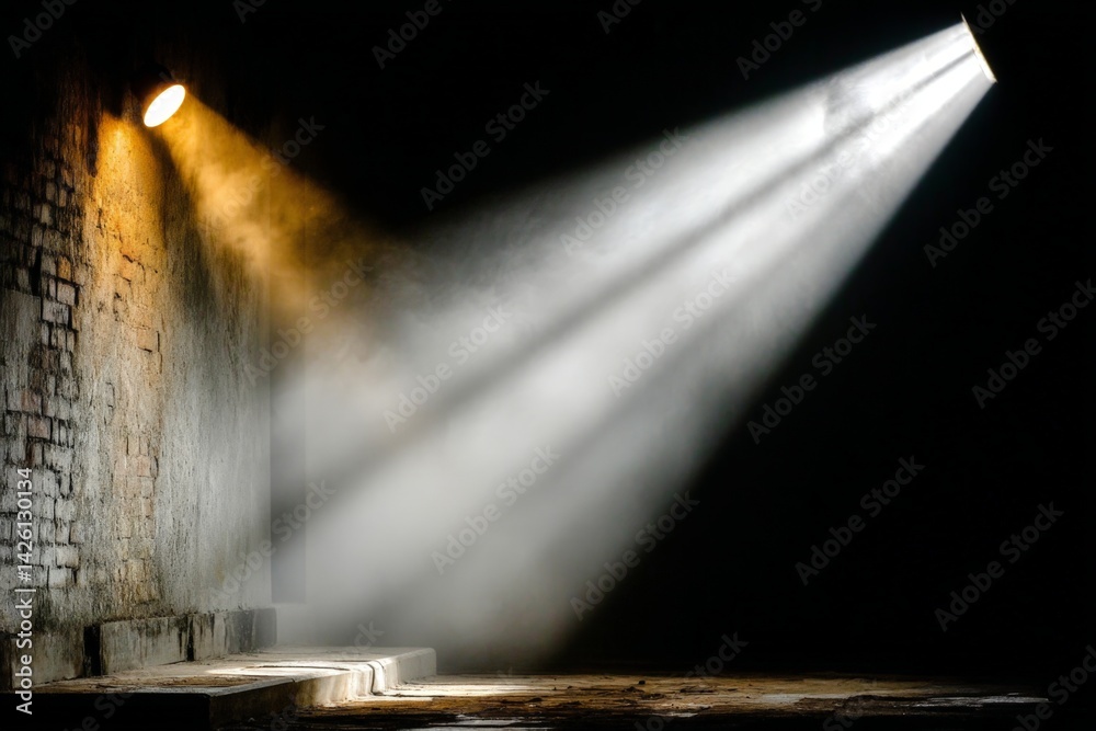 Aufkleber Rays of light illuminate a dark space with textured walls and a misty atmosphere during evening hours
