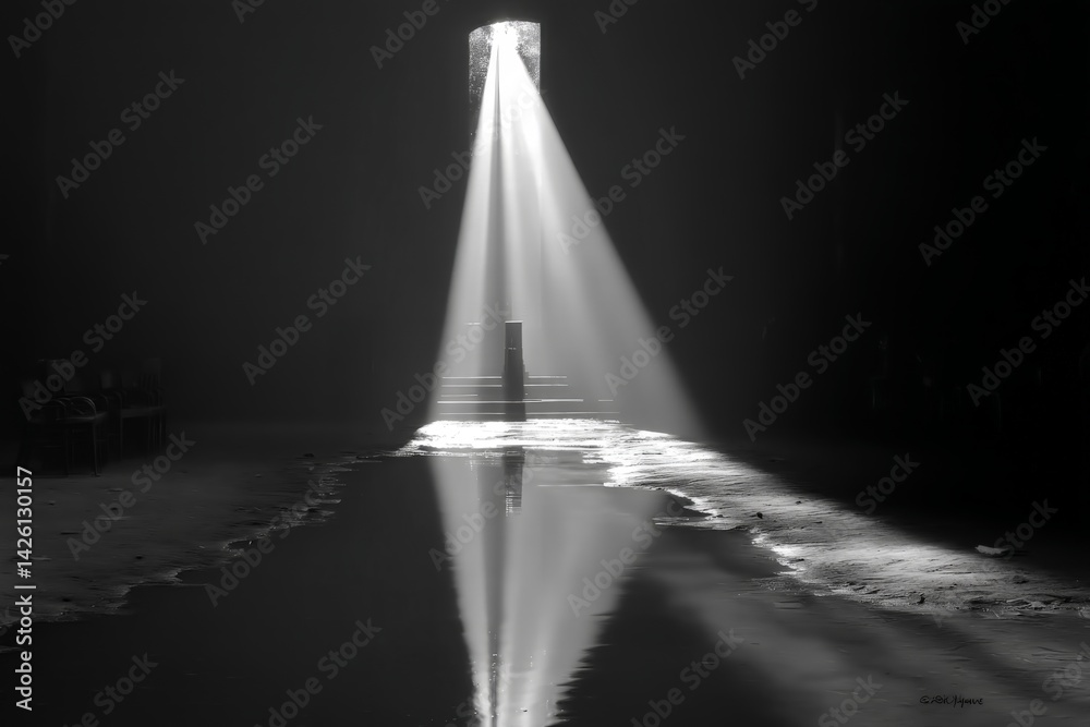 Fototapete light streaming through a doorway illuminates a dark space, creating reflections on the ground at an