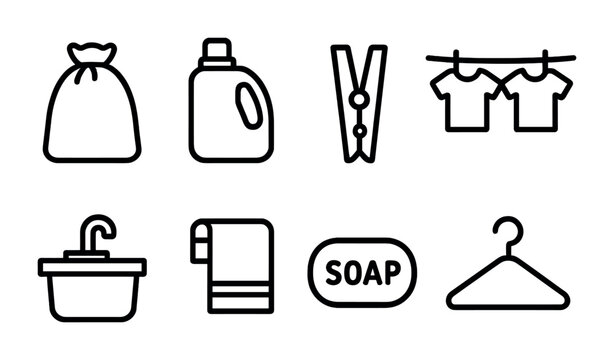 Laundry icon set: essential outline icons for home and cleaning tasks