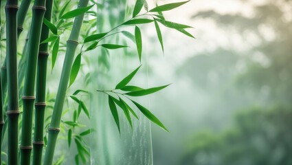 Green bamboo surrounded by fog with stems and leaves visible through frosted glass, creating an exotic nature backdrop