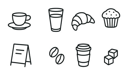 Cafe themed icon set: linear style with coffee, pastries, and more