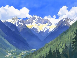 Majestic snowcapped mountains beneath a bright blue sky