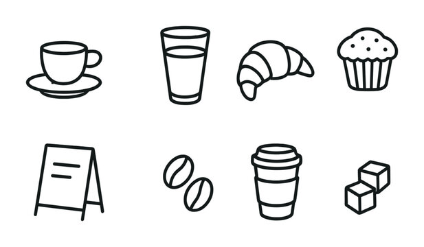 Cafe themed icon set: linear style with coffee, pastries, and more