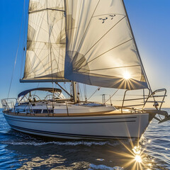 Fototapeta premium Yacht sailing at sunset, ocean backdrop, tranquil travel