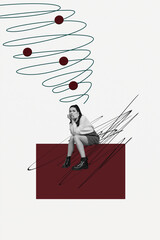 Trendy art creative vertical photo collage of minded girl guy think decision scribble brainstorming...