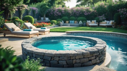 Sunbathing beds beside a small pool filled with crystal-clear blue water in the backyard. Summer party vibe, relaxation, and luxurious lifestyle concept.
