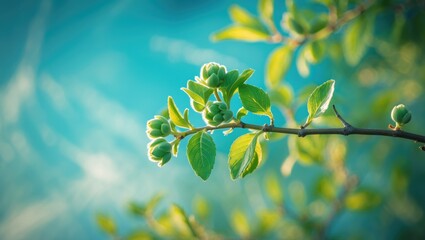 Emerging green buds with fresh young leaves