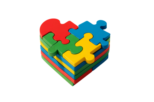 Colorful puzzle pieces form a heart shape on a bright white background symbolizing teamwork and inclusion