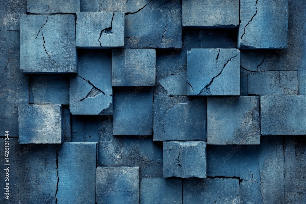 Aufkleber abstract blue textured wall featuring cracked rectangular blocks in various shades