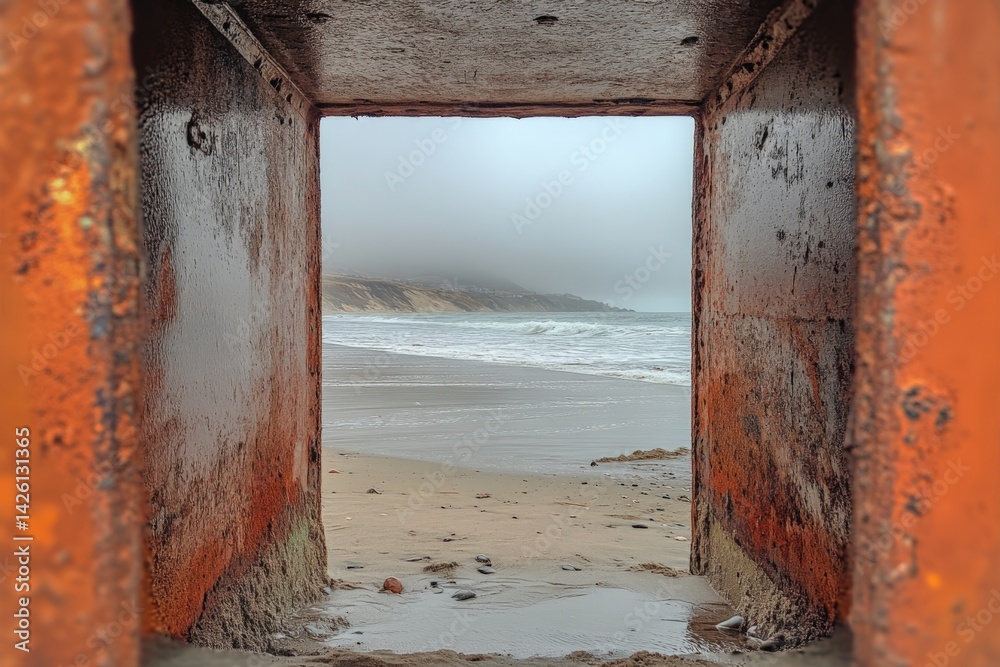 Aufkleber View of a coastal landscape through an old rusty structure at a foggy beach during low tide