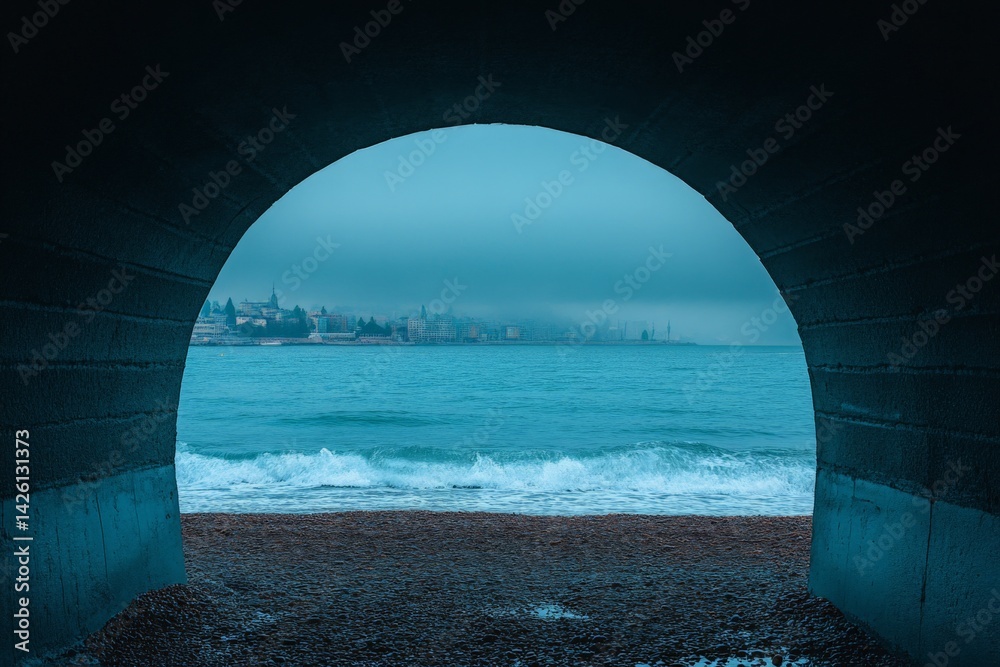 Poster view of a misty coastline through an archway on a calm overcast day near a beach