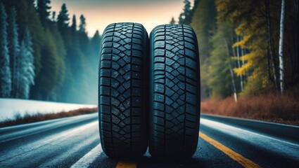 Seasonal tire swap: summer tires on a forest road with trees, winter tires removed, promotional banner for sale