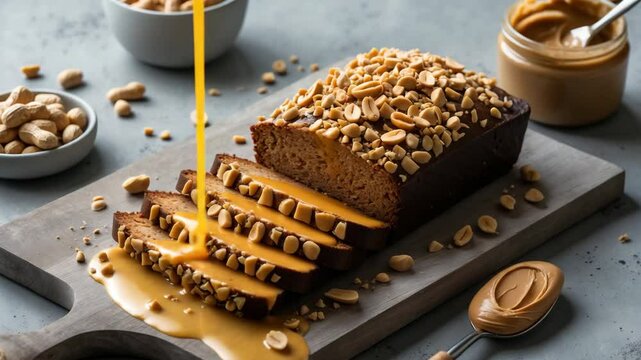 Loaf cake slices on a wooden board. Homemade treat with peanut butter, peanut flour, and cinnamon, garnished with chopped nuts. Bird's-eye view. Empty area.