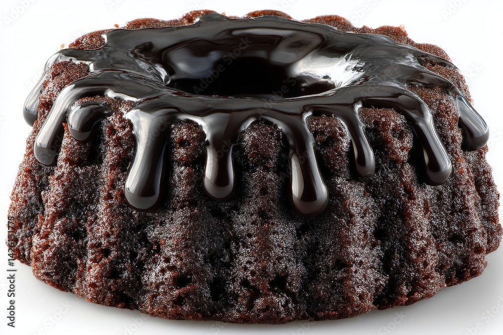 Poster rich chocolate bundt cake topped with glossy ganache showcasing its intricate texture and inviting a
