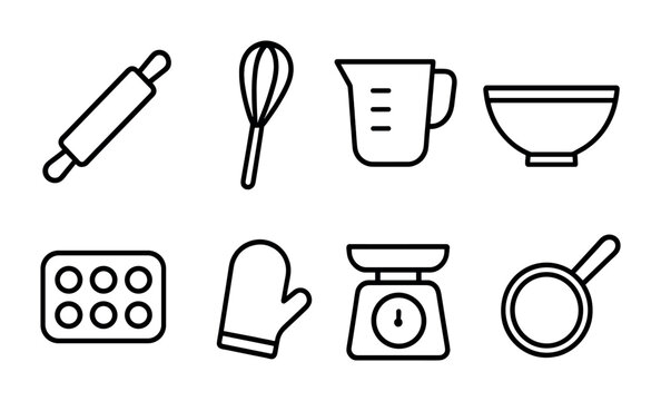 Essential baking tools icon set: linear outline style for kitchens and cooking