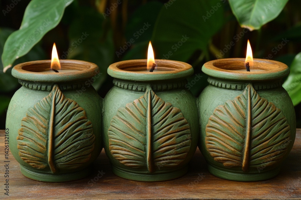 Poster elegant green leaf design candles creating a cozy atmosphere in a natural setting