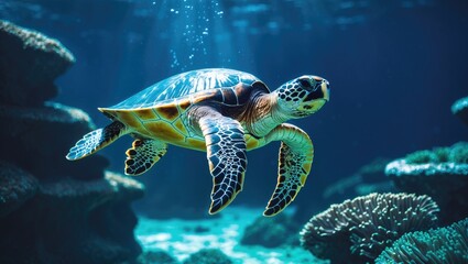 Obraz premium Sea turtleâ€”the most beautiful inhabitant of coral reefs