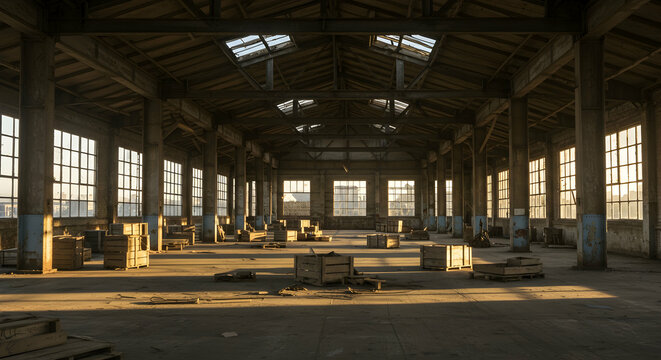 Abandoned warehouse industrial interior with natural light empty space factory building architecture vintage old decay grunge