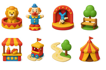 Naklejka premium Circus and carnival 3d icons set – vibrant festival and entertainment symbols featuring lion, clown, acrobat, bench, food stand, train, path, tent