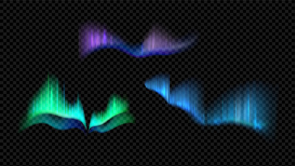 Set of aurora borealis with neon glow effect. Realistic glow in the dark sky. Vector image isolated on transparent background. © i_mARTy
