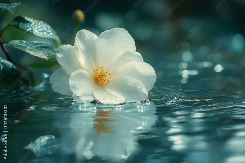 Poster white flower floating on tranquil water with droplets glistening in a serene setting