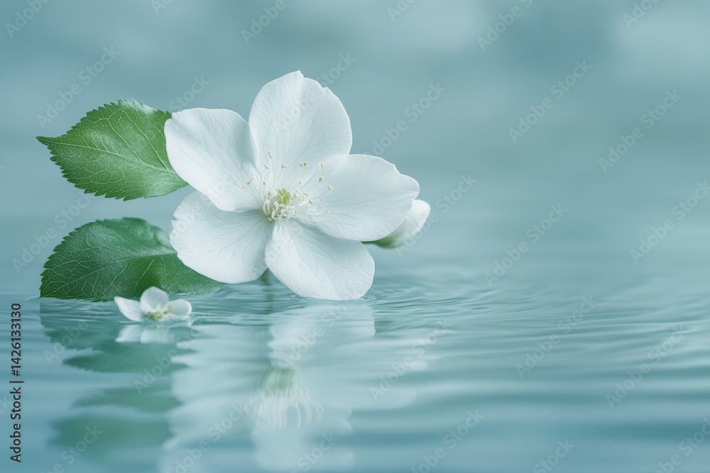 Poster White flower floating on serene water surface capturing reflection in tranquil setting during bright daylight