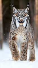 Fototapeta premium Lynx walking in snowy forest; winter wildlife; nature background; ideal for wildlife documentaries or nature publications
