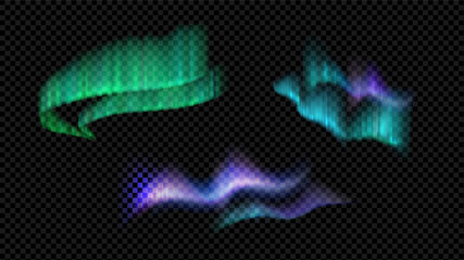 Realistic aurora borealis isolated on transparent background. Vector set of northern lights with neon glow effect.
