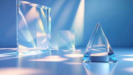 Spectrum rays and glass prisms with abstract background showcasing reflection and refraction effects.
