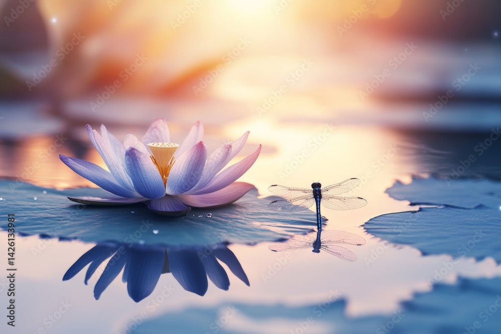Poster serenity at dawn with a lotus flower and dragonfly on a tranquil pond surface