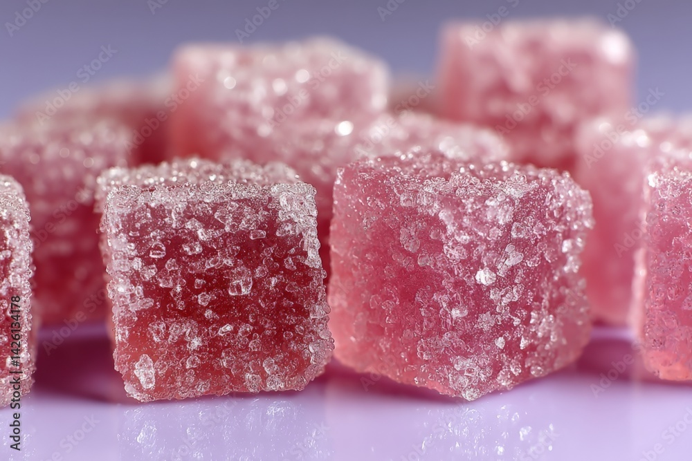 Poster colorful pink sugar cubes arranged on a smooth surface highlight their sparkling texture and vibrant