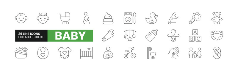 Set of 26 Baby line icons set. Baby outline icons with editable stroke collection. Includes Pregnant, Breast Feeding, Infant, Family, Toys, and More.
