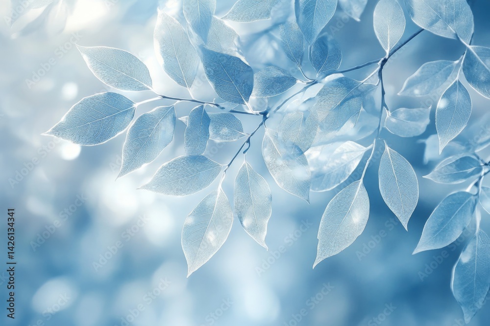 Poster beautiful translucent leaves gently illuminated by soft blue light in a serene natural setting