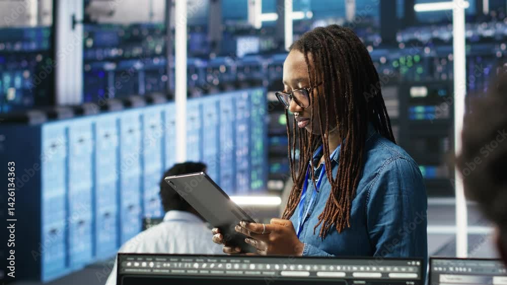 Poster woman in server hub using ai visualization insights on tablet device to optimize system health. data