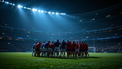 The camaraderie and intensity of a sports team meeting under the bright stadium lights, a display of athletic strategy The focus highlights teamwork and the anticipation before a significant game The