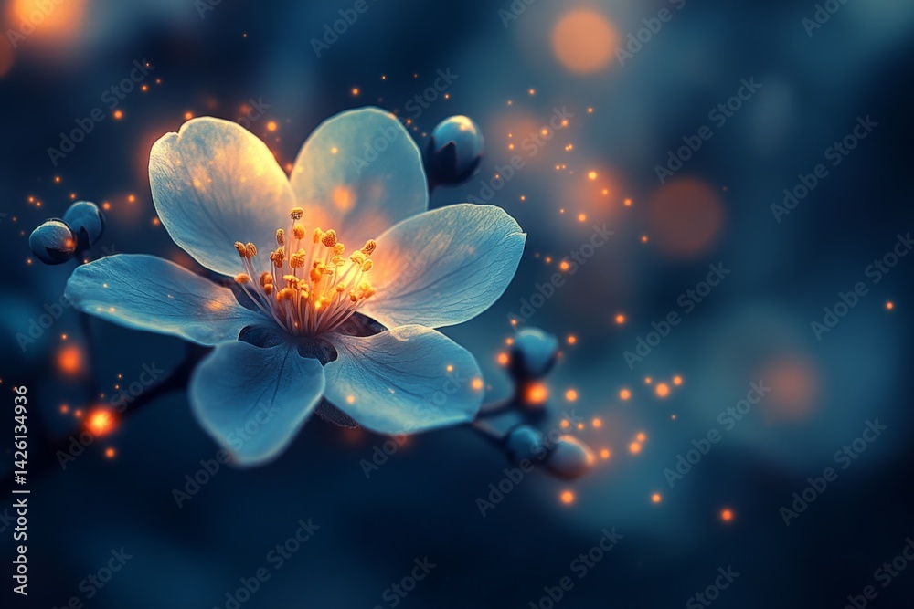 Poster Delicate flower glows in twilight with soft lights creating an enchanting atmosphere in a serene garden